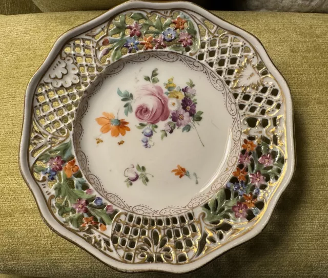 Antique DRESDEN Porcelain FLORAL GILT RETICULATED PLATE Meissen Marked 1880s