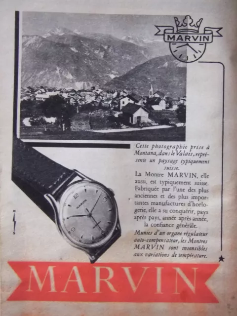 Publicité De Presse 1951 Montre Suisse Marvin - Advertising
