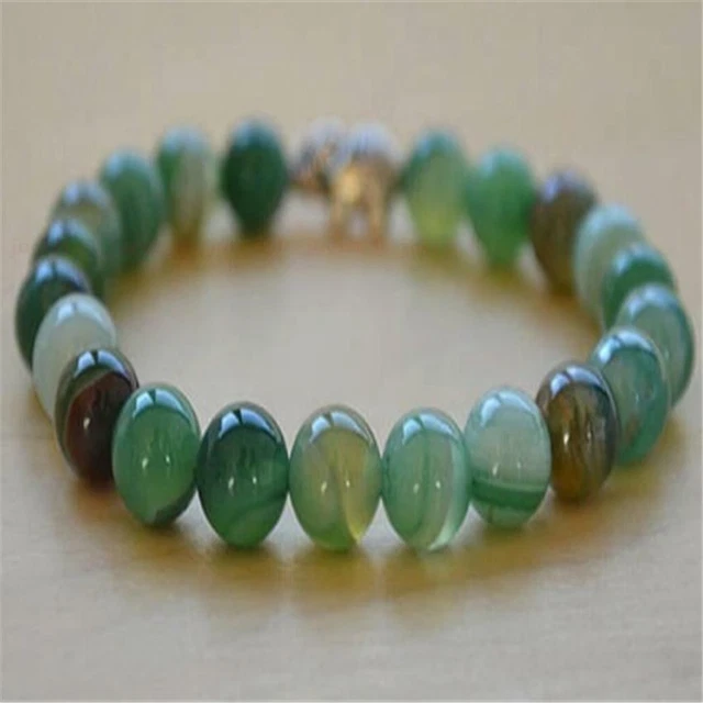8mm Green striped agate Gemstone Mala bracelet Lucky Reiki Tibet silver Sutra