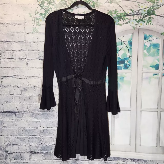 NINE WEST Women's Lace Cardigan SIZE L Long Black Long Bell Sleeve Tie Waist