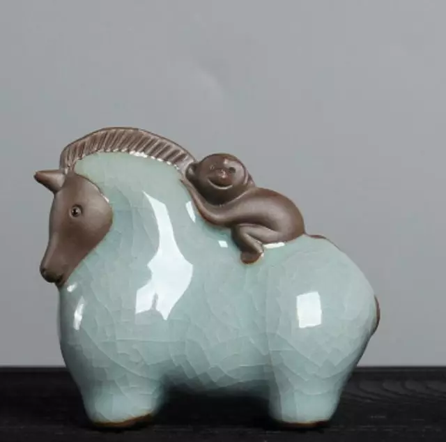 Chinese Celadon Porcelain Pottery Ge Kiln Horse Monkey 马上封侯 Tea Pet Statue