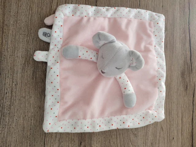 Doudou plat Souris yeux fermés grise rose blanc pois okaidi Obaibi