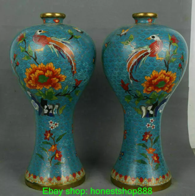 15.6" Marked Old China Cloisonne Bronze Dynasty Phoenix Flower Bottle Vase Pair