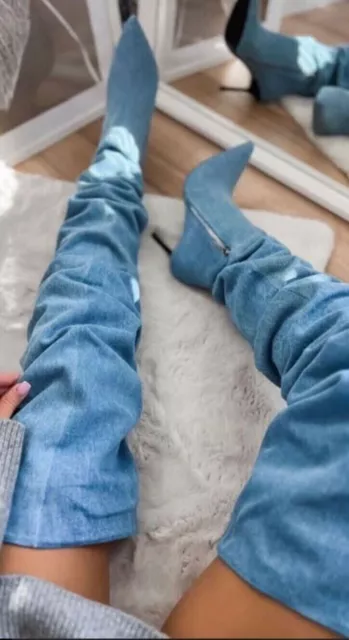 Zara Blue Xxl High Jeans Denim Over-The-Knee Boots 3027/010 Bloggers Us 9 Eu 40