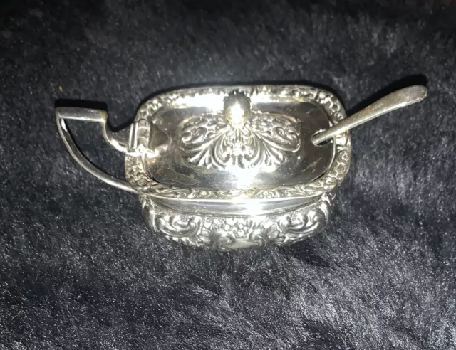 1950’s Silver Plate Mustard Pot With Spoon And Blue Glass Inner Pot