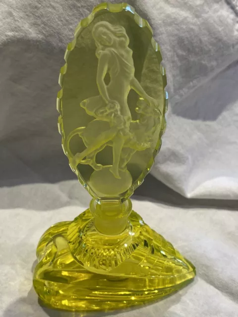 J. Pesnicak Art Deco Czech Uranium Glass Perfume Bottle With Label Woman/panther