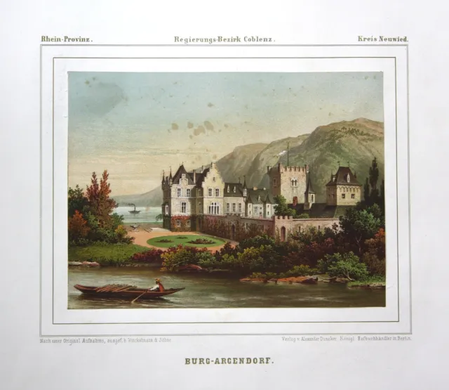 ca. 1860 Burg Ariendorf Bad Hönningen Neuwied Ansicht view Lithographie Duncker