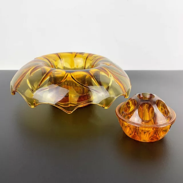 Art deco amber glass vase with flower frog Waterfall style amber float bowl