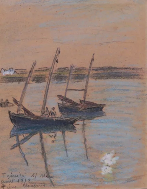 Dessin tableau pastel encadré paysage Bretagne sinago bateaux Trinité sur Mer