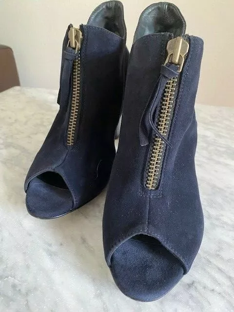 Paul Green navy blue suede leather front zip open toe booties