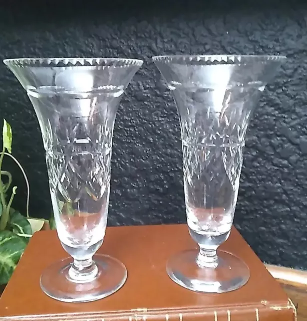 Pair Vintage Webb & Corbett Crystal  1940s' Hand Cut  Fluted Vases Stamped