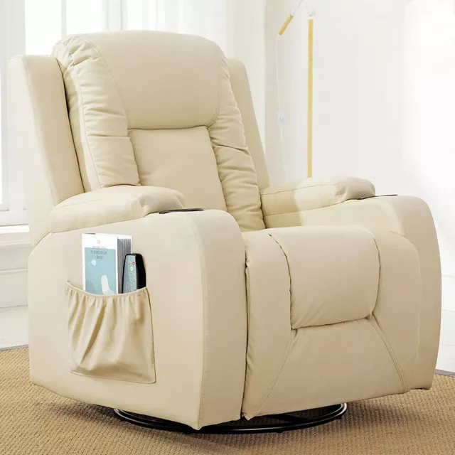 PushBack Massage Recliner Rocker Vibration Heat Leather Swivel Cup Holder Crem PushBack Massage Recliner Rocker Vibration Heat Leather Swivel Cup Holder Crem
