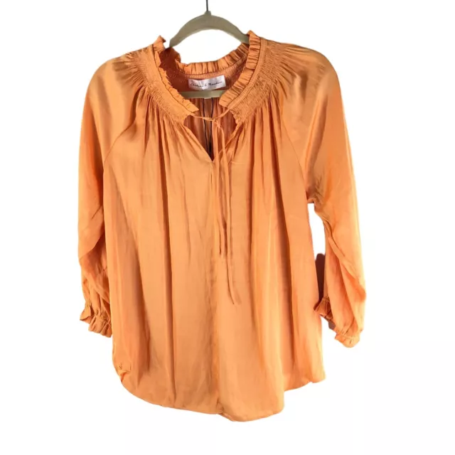 Chelsea & Theodore Womens Peasant Blouse Satin 3/4 Sleeve Ruffle Orange M