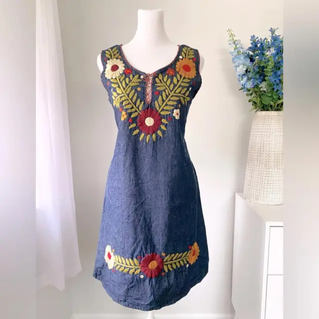 Blue Floral Embroidered Sleeveless Dress