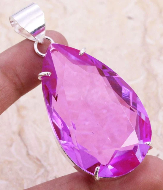 Pink Topaz 925 Silver Plated Handmade Pendant of 2.2" Ethnic Gift