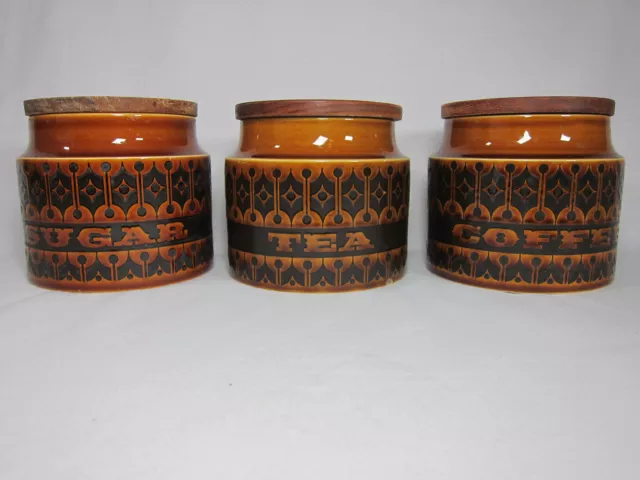 3x Vintage Hornsea Heirloom Pottery Coffee Sugar Tea Canisters / Jars, Brown