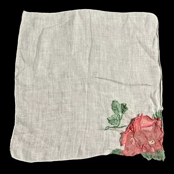 Vintage Handkerchief White Embroidered Pink Sheer 3D Flower Floral 11" x 12"