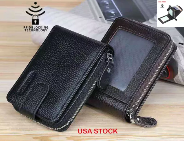 Men Men's S6 Wallet Genuine Leather Credit Card Holder RFID Zipper Thin Pocket