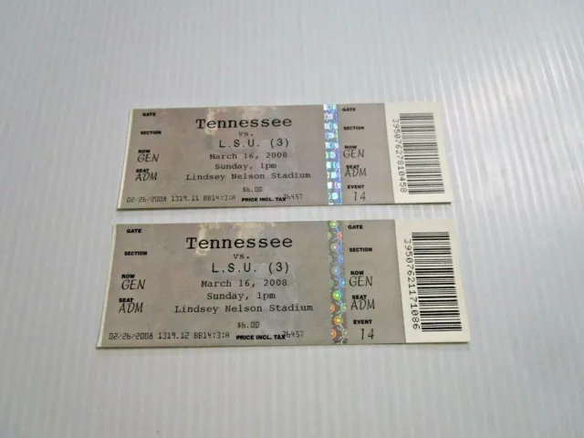 Lot (2) 3/16/2008 TENNESSEE v LSU BASEBALL FULL TICKETS LINDSEY NELSON STADIUM