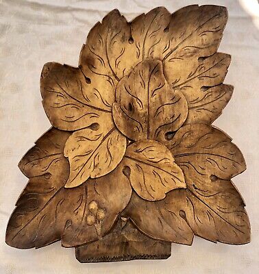 Vintage Hand Carved Wood Platter Tray Ornate Leaf Design 11” x 12” Beautiful