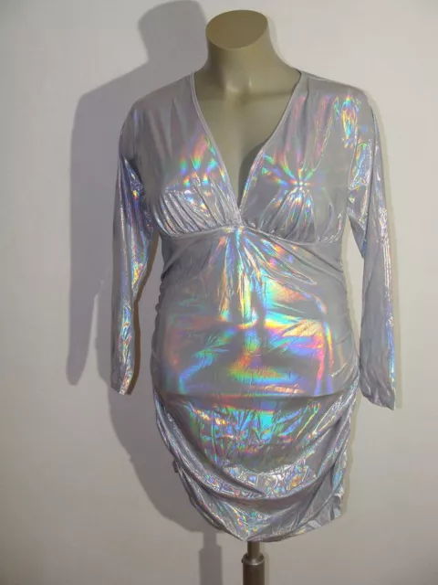 Glanz Abendkleid Metallik Silber Größe 48 / 2XL Regenbogen metallisch glänzend