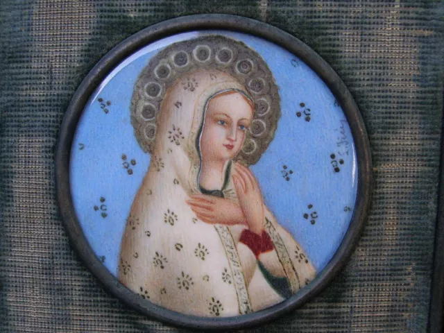 HOLY MADONNA 19th CENTURY ITALIAN MINIATURE RELIGIOUS WATERCOLOR PAINTING SIGNED