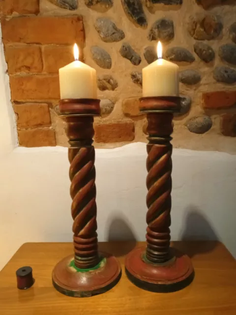 A Pair Of Vintage Wooden Painted Tall Candlesticks Height 15.5 In x6.5in