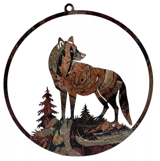 Wild Wolf Metal Wall Art Hanging Ring Deep Brown & Rust Shades Laser Cut 8”