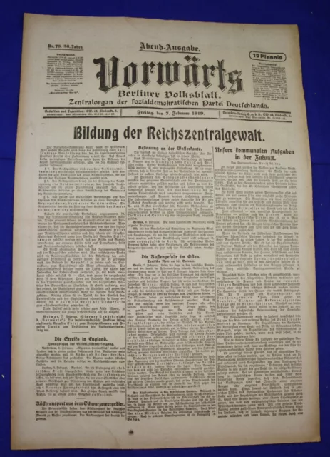 VORWÄRTS (7. Februar 1919): Bildung der Reichszentralgewalt