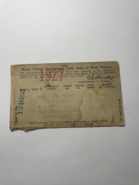 VINTAGE 1927 PARKERSBURG West Virginia Vehicle Registration Card 1923