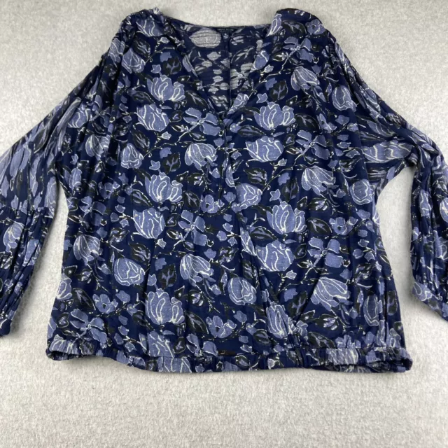 Lucky Brand Blouse Womens XL Blue Floral Semi Sheer V Neck Long Sleeve Pintuck T