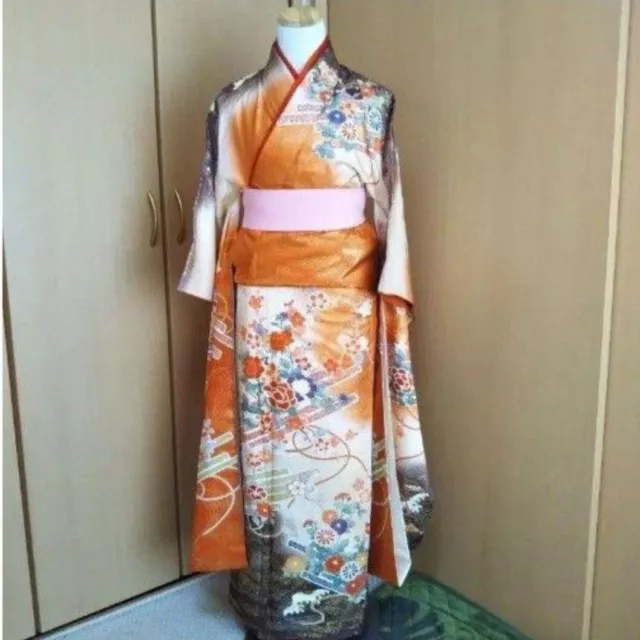 Furisode Long Sleeved Kimono Orange Flower Embroidery Multicolor ,Length 153.5cm