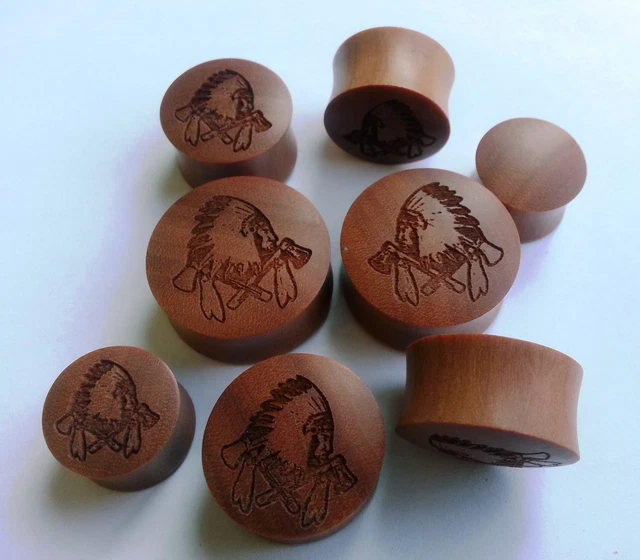 Pair ORGANIC Handmade Indian Chief Saba Wood Saddle Ear Plugs Tunnel Gauges 2