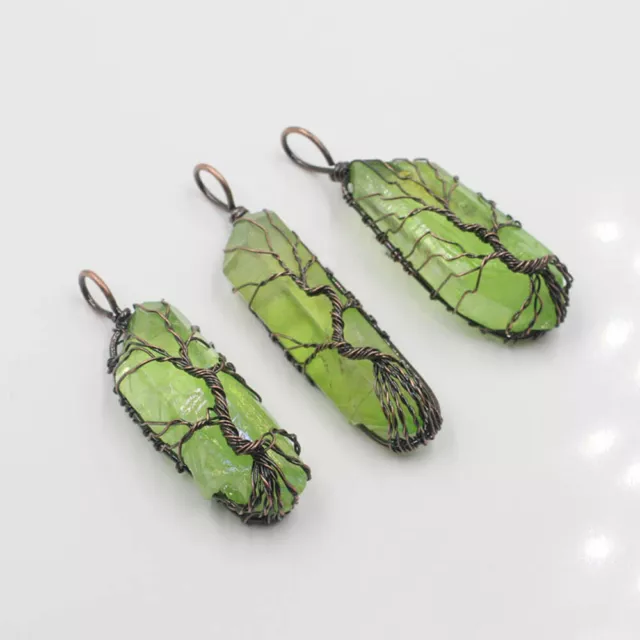 Natural Tree of Life Wire Wrap Green Crystal Quartz Stone Pendant Necklace