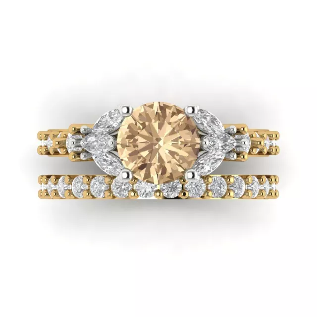 2.72 ct Round Marquise 3 stone Yellow Moissanite Bridal Ring set 14k 2 tone Gold