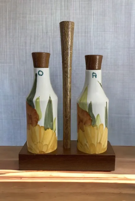 ARTEK TEAK SIC Servizio Olio Aceto 1960 Vintage Wood Ceramic Oil and Vinegar Set 2