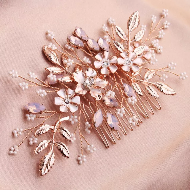 Bridesmaid Bridal Wedding Rose Gold Floral Pearl Crystal Leaf Hair Comb