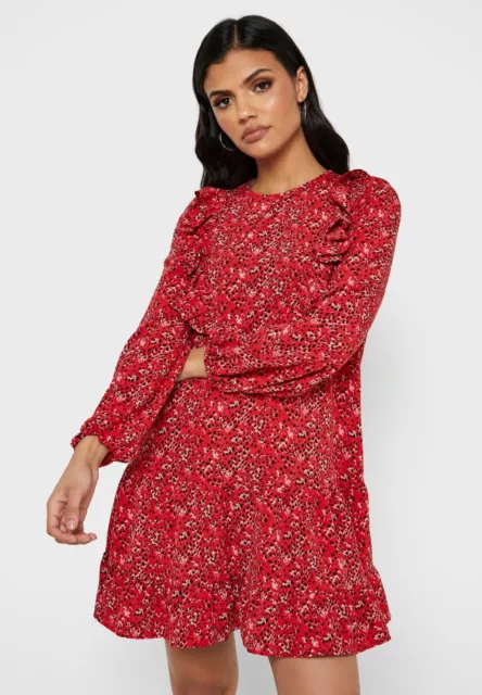 Topshop Dress Womens Size 10 Red Dot Print Ruffle Long Sleeve Mini NWT