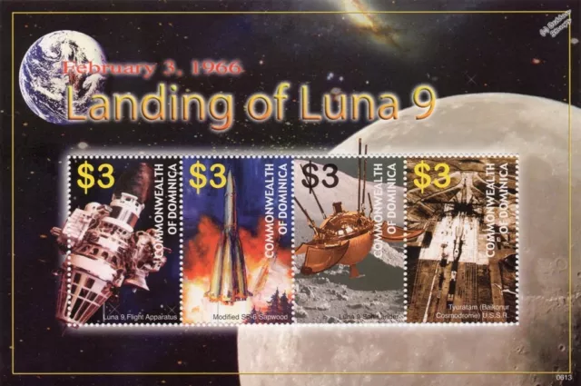 LUNA 9 Russian Spacecraft Soft Moon Landing 4v Space Stamp Sheet (2000 Dominica)