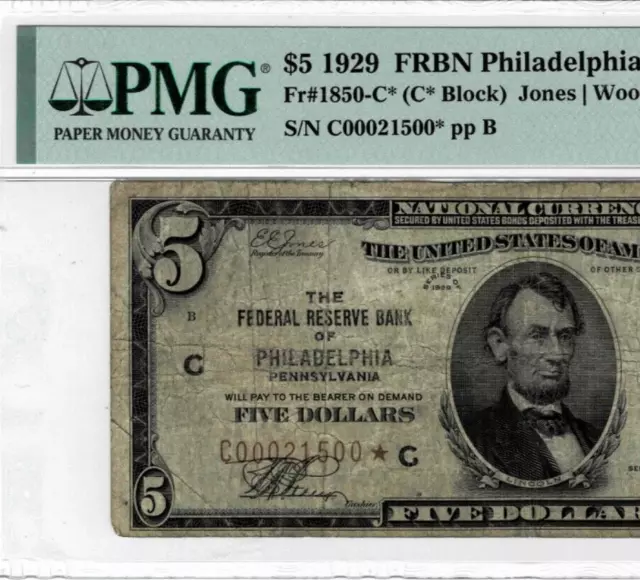 1929 $5 Federal Reserve Bank *STAR* note-fr.1850-C*--PMG 15--Scarce 1 of 10! 3