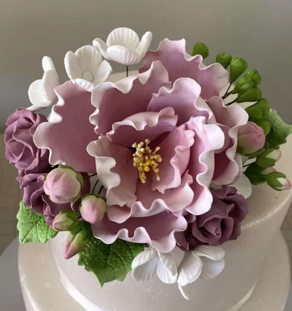 Mauve Peony Roses Hydrangea Sugar flower wedding Bday cake decoration topper