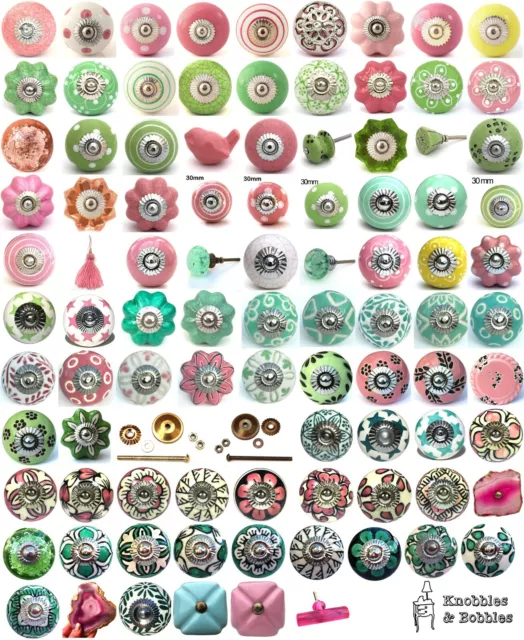 Pink green ceramic knobs drawer pulls cupboard door knobs porcelain china K&B