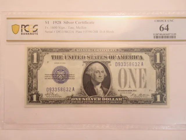 1928  Funny Back $1 silver certificate, PCGS 64 Choice Uncirculated