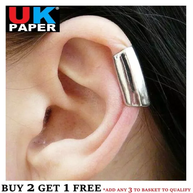 Silver Long Smooth Cartilage Upper Helix Ear Cuff Clip-On Wrap Emo Punk Earring