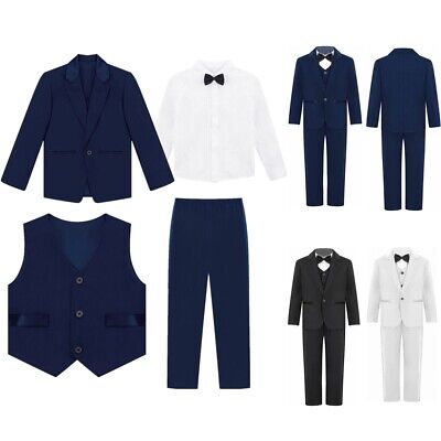 4 Piece Boy's Formal Suit Jacket + Vest + Pants + Shirt Dresswear Set 4-14 Years
