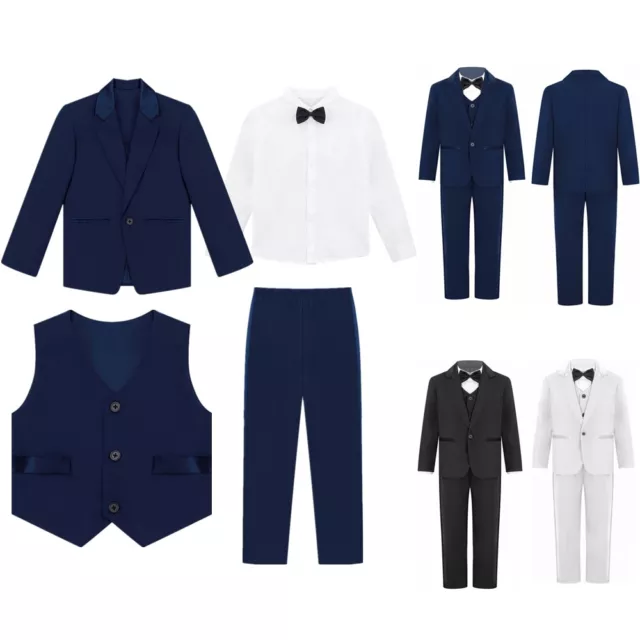 4 Piece Boys Suit Set Blazer Shirt Vest Pants Outfit Wedding Party Prom Clothes