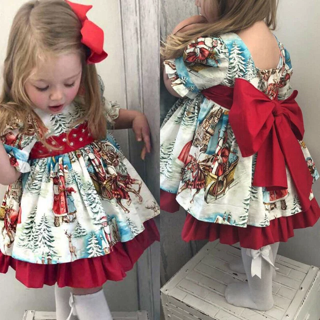 Christmas Print Bow Dress Princess Girls Xmas Santa Claus Party Baby Kids