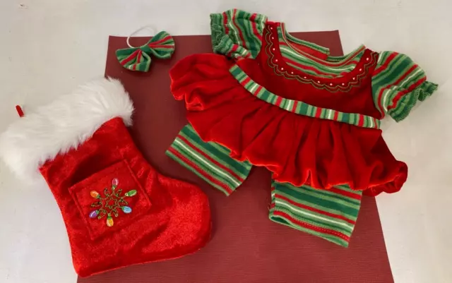 Build-A-Bear 🐾 BAB Christmas Elf Dress w Bow & Stocking - Cothing/Outfit Lot