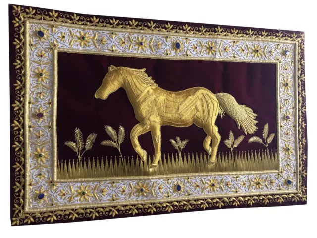Horse Art Wall Hanging Interior Golden Wires Zardosi Jeweled Persian Decor