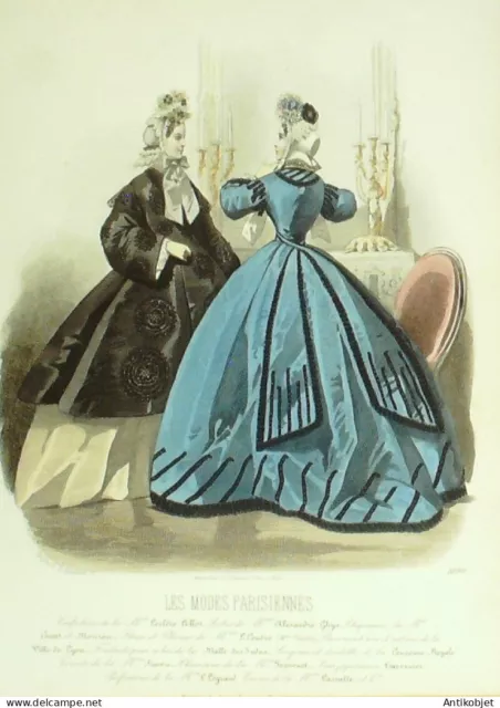 Gravure Modes parisiennes 1864 n°1099 Manteau velours et robe brodée